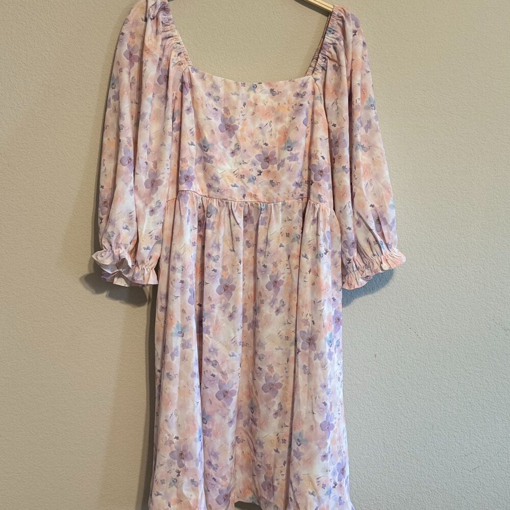 Floral Pastel Puff Sleeve Babydoll Square Neck Mini Dress